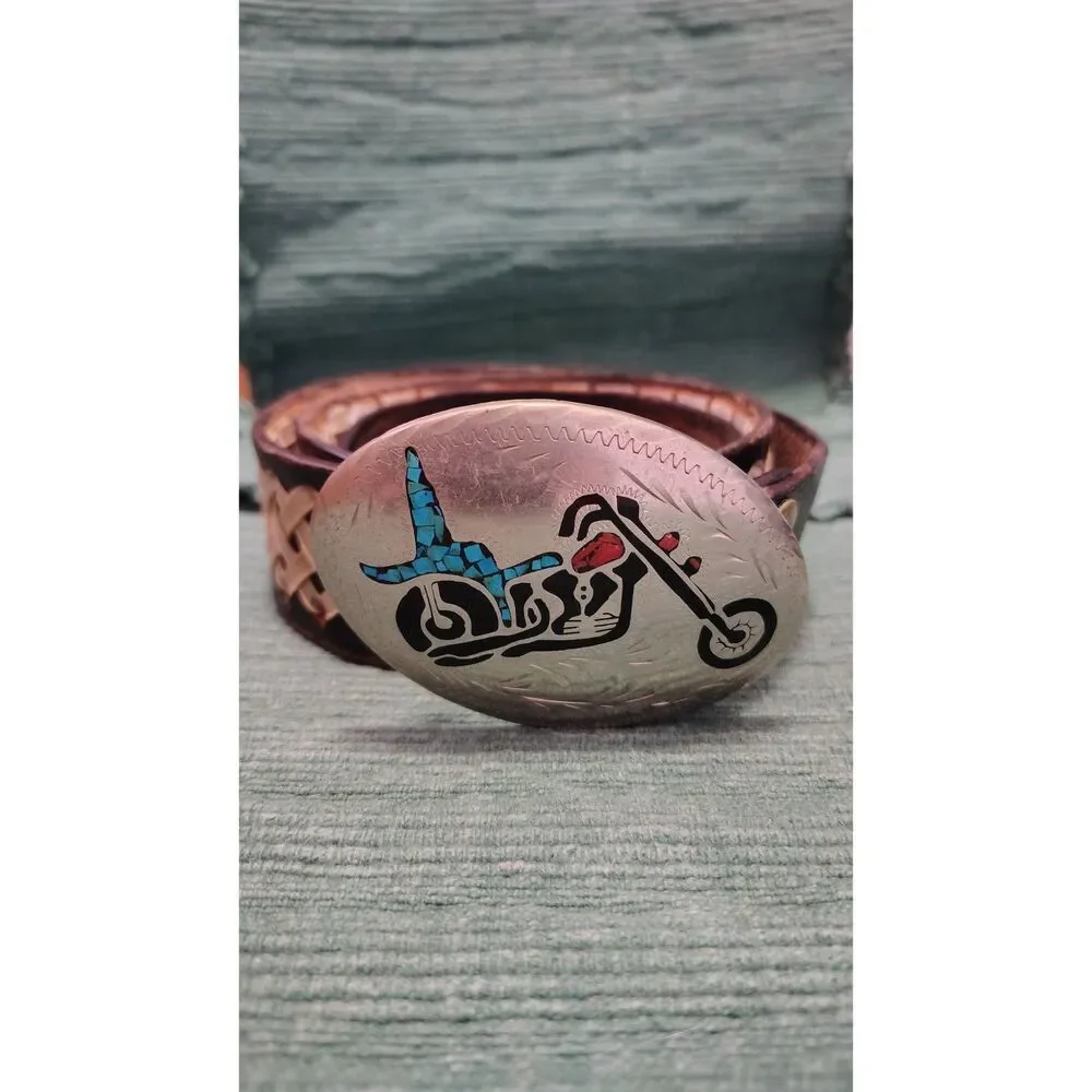Handmade Motorcycle Turquoise Coral Inlay Motorcycle‎ Belt Buckle Leather Belt